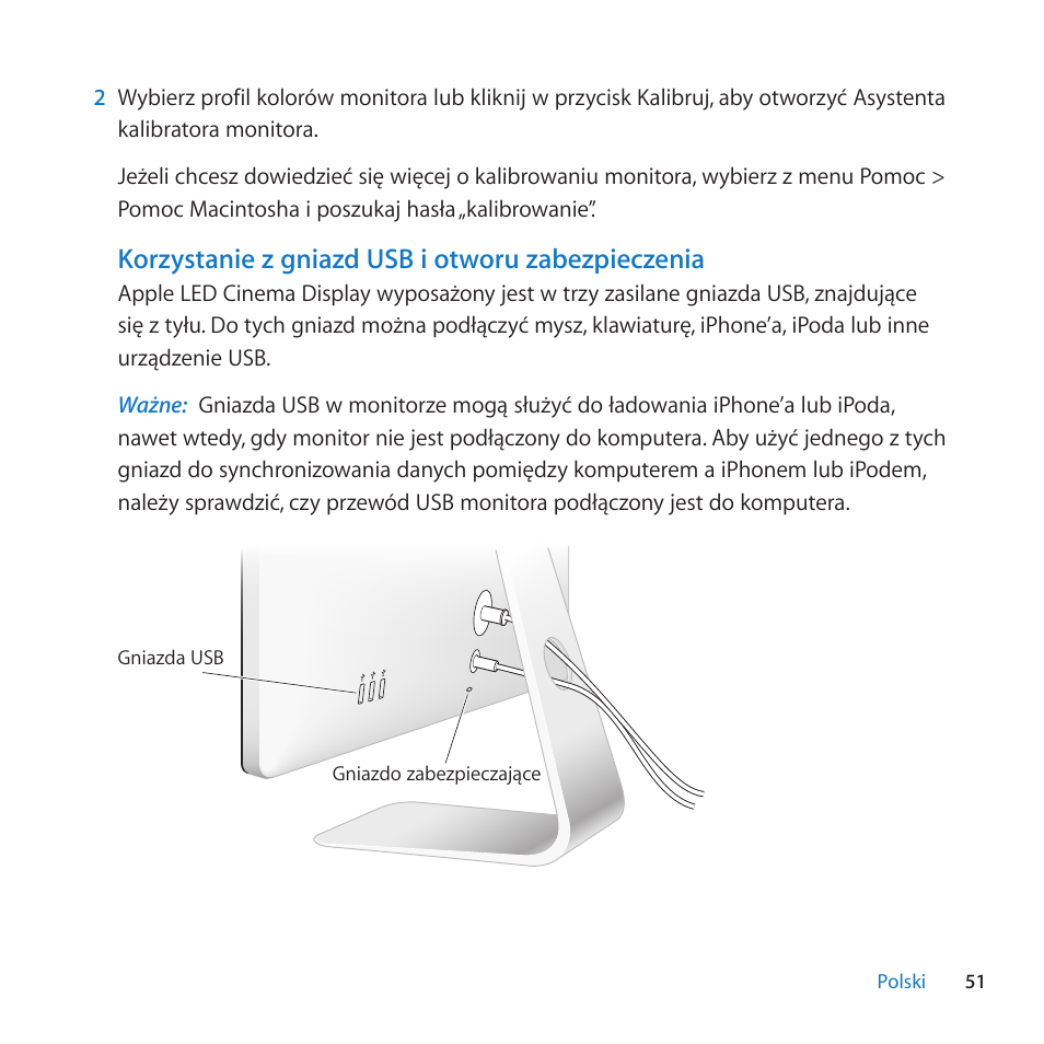 Korzystanie z gniazd usb i otworu zabezpieczenia | Apple LED Cinema Display User Manual | Page 51 / 100