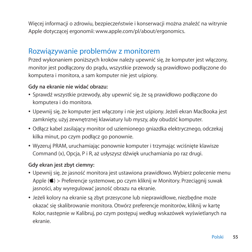 Rozwiqzywanie problemow z monitorem, 55 rozwiqzywanie problemów z monitorem | Apple LED Cinema Display User Manual | Page 55 / 100