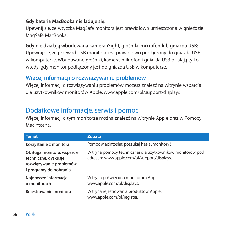 Wi^cej informacji o rozwiqzywaniu problemów, 56 dodatkowe informacje, serwis i pomoc, Dodatkowe informacje, serwis i pomoc | Apple LED Cinema Display User Manual | Page 56 / 100