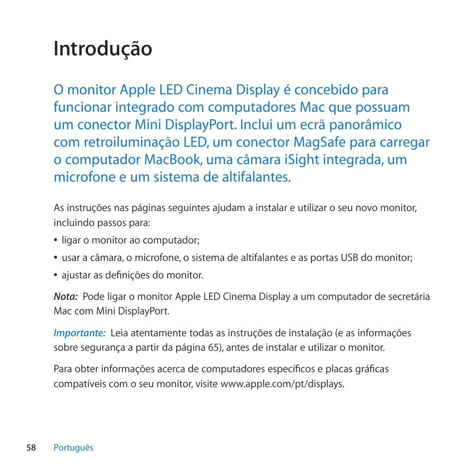 Introdu^ào, 58 introdu^áo | Apple LED Cinema Display User Manual | Page 58 / 100