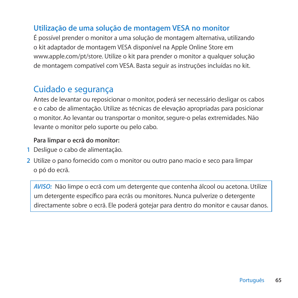 Cuidado e seguranza, 65 cuidado e seguranza | Apple LED Cinema Display User Manual | Page 65 / 100