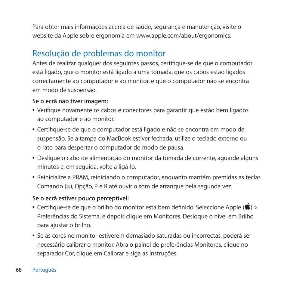 Resolugao de problemas do monitor, 68 resolu^ào de problemas do monitor | Apple LED Cinema Display User Manual | Page 68 / 100