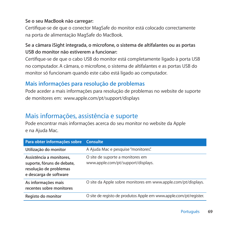 Mais informagòes para resolugào de problemas, Mais informagòes, assisténcia e suporte, 69 mais informa^óes, assistència e suporte | Apple LED Cinema Display User Manual | Page 69 / 100