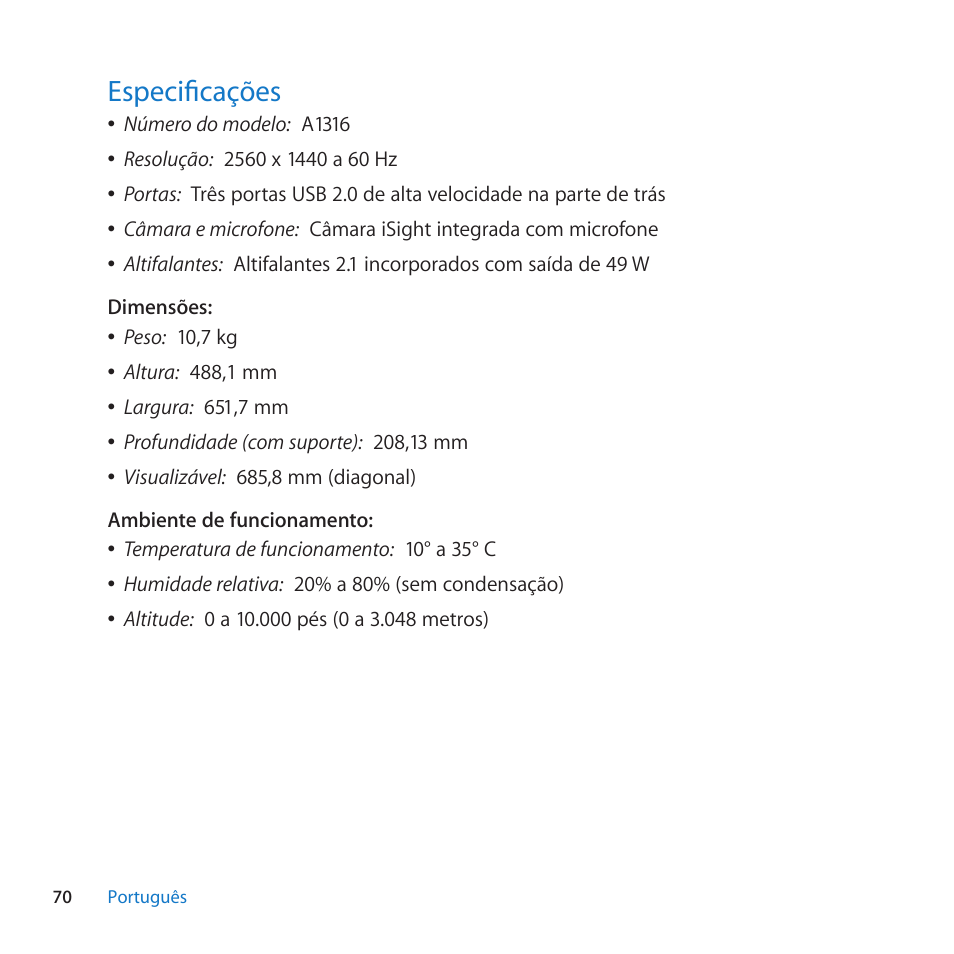 Especificagòes, 70 especifica^уes | Apple LED Cinema Display User Manual | Page 70 / 100