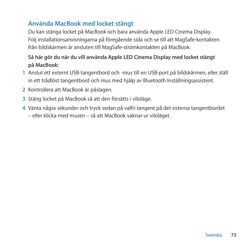 Använda macbook med locket stängt | Apple LED Cinema Display User Manual | Page 73 / 100