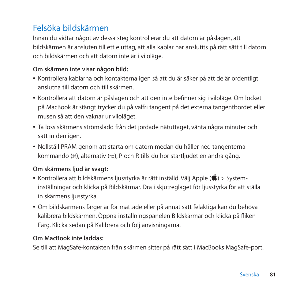 Felsöka bildskärmen, 81 felsoka bildskarmen | Apple LED Cinema Display User Manual | Page 81 / 100