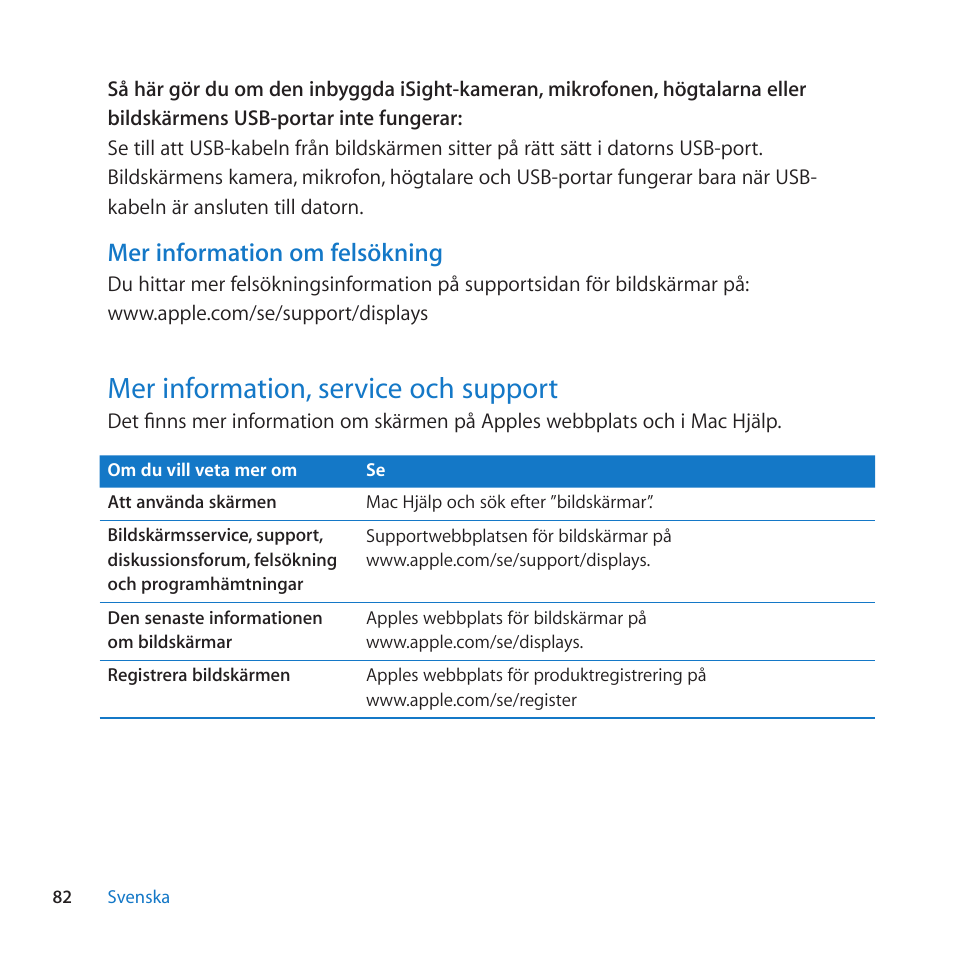 Mer information om felsokning, Mer information, service och support, 82 mer information, service och support | Apple LED Cinema Display User Manual | Page 82 / 100