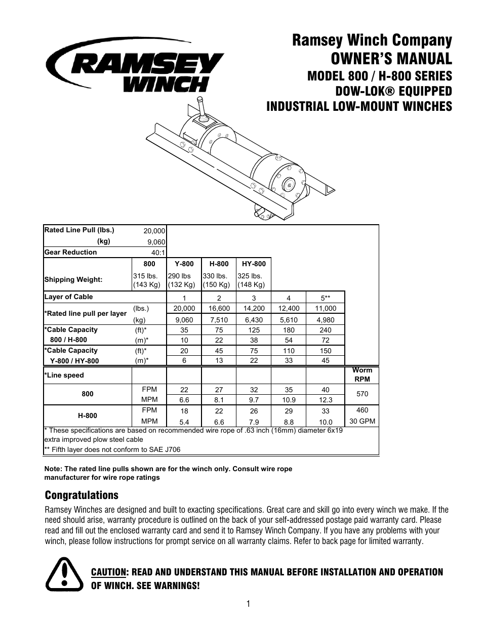 Ramsey Winch 800/H-800 DOW-LOK User Manual | 36 pages