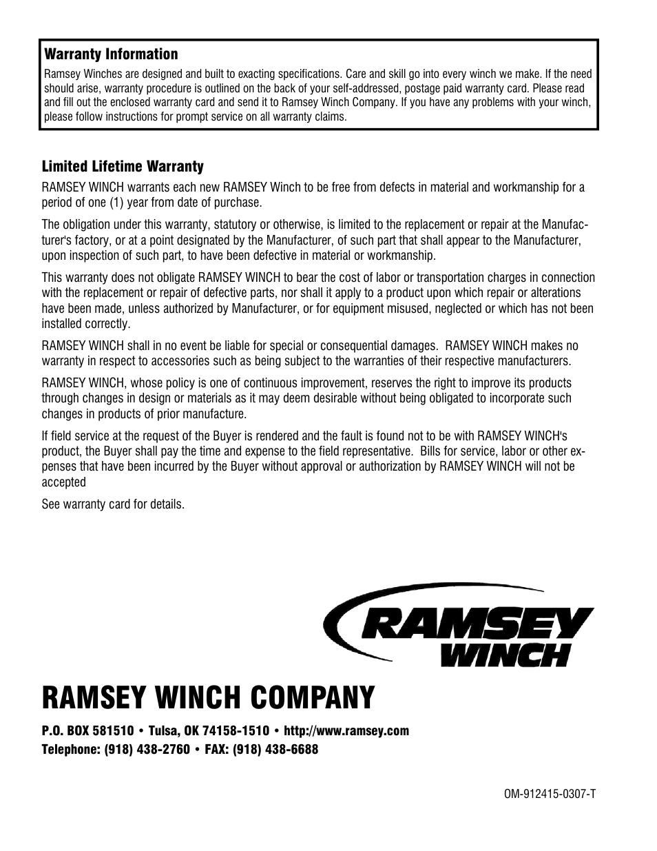 Ramsey winch company | Ramsey Winch 800/H-800 DOW-LOK User Manual | Page 36 / 36