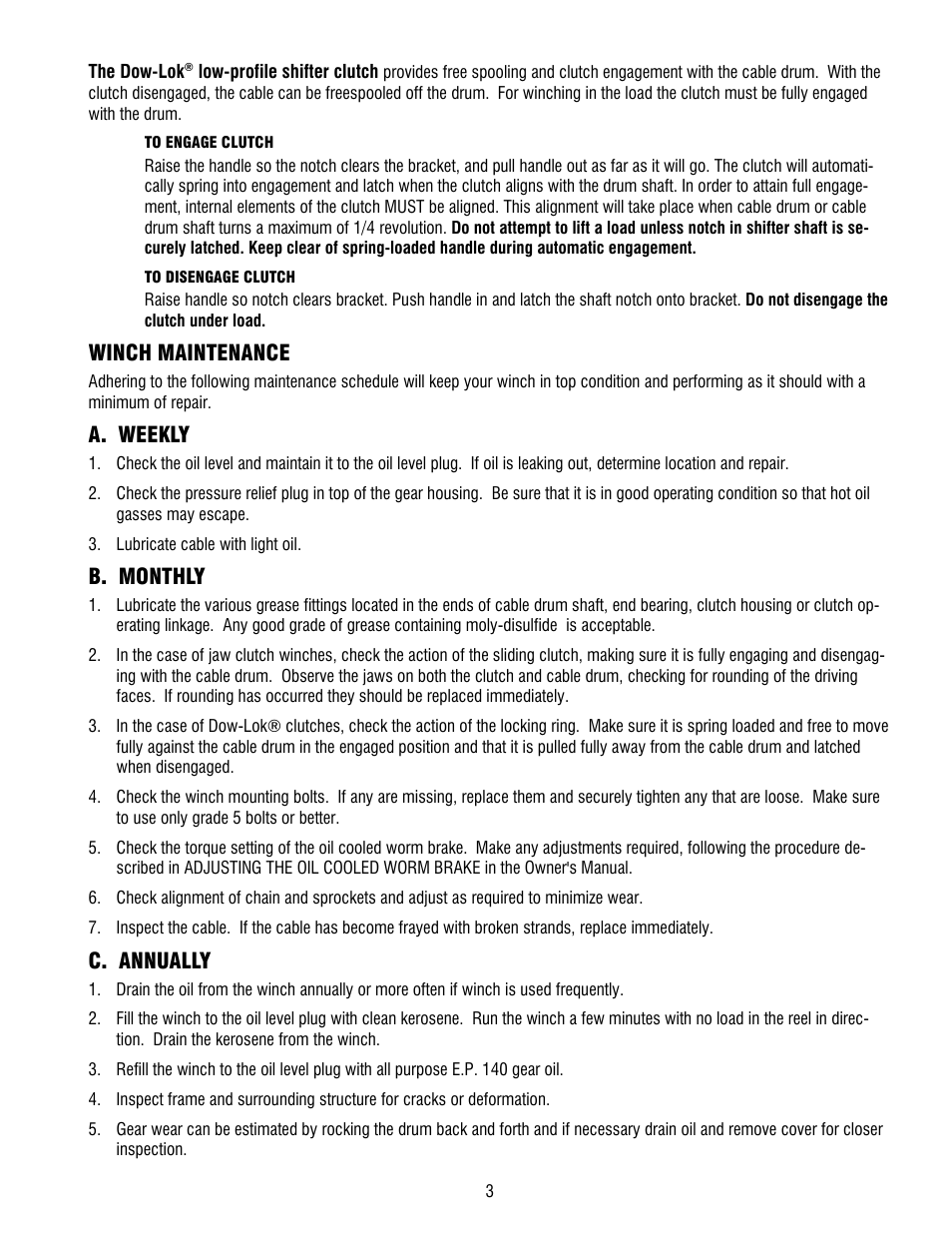 Winch maintenance, A. weekly, B. monthly | C. annually | Ramsey Winch 800/H-800 DOW-LOK User Manual | Page 5 / 36