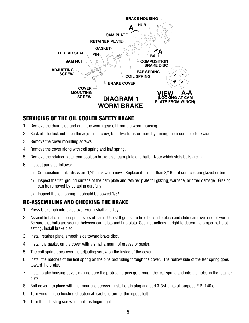 View a-a, Aworm brake, Diagram 1 | Servicing of the oil cooled safety brake, Re-assembling and checking the brake | Ramsey Winch 800/H-800 DOW-LOK User Manual | Page 7 / 36