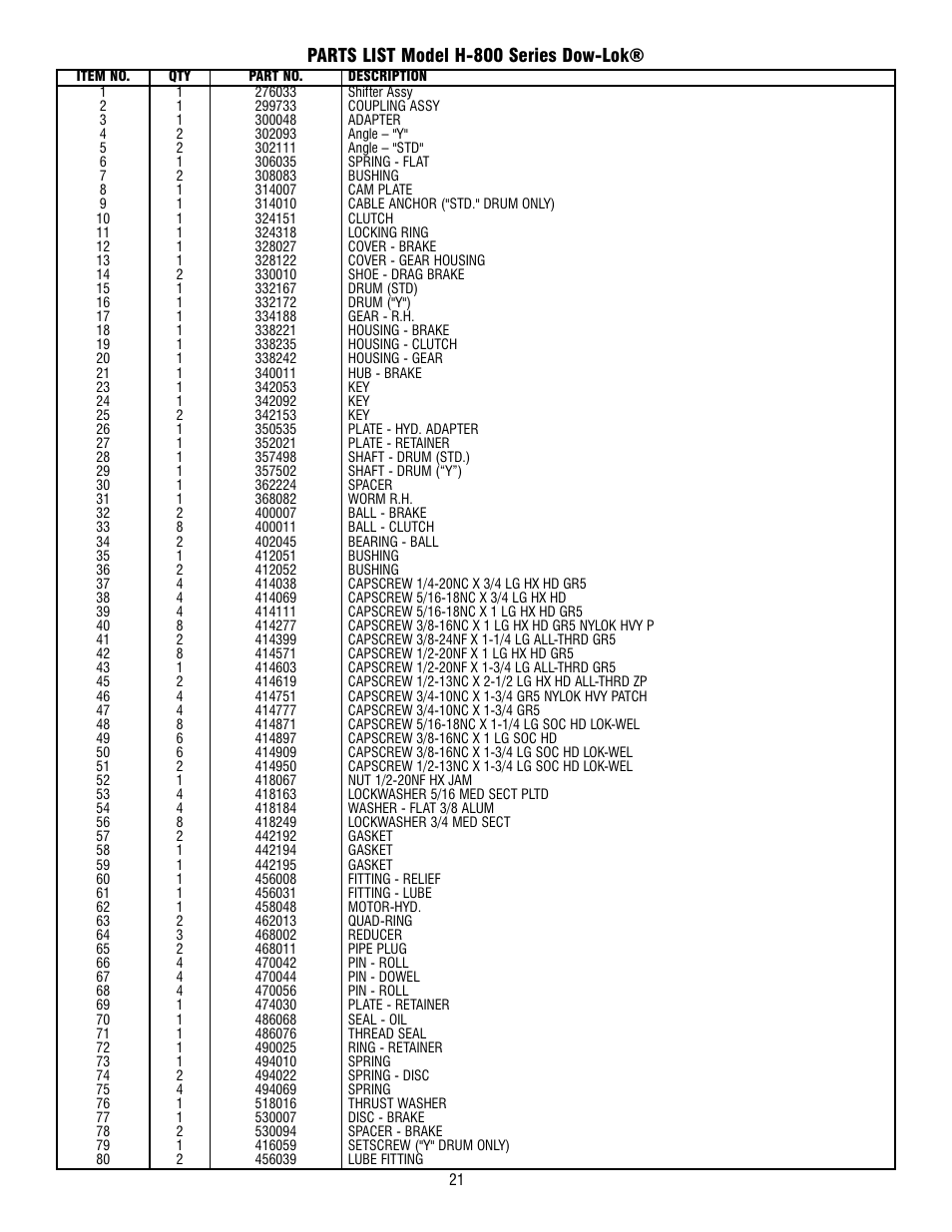 Parts list model h-800 series dow-lok | Ramsey Winch 800/H-800 DOW-LOK User Manual | Page 21 / 100