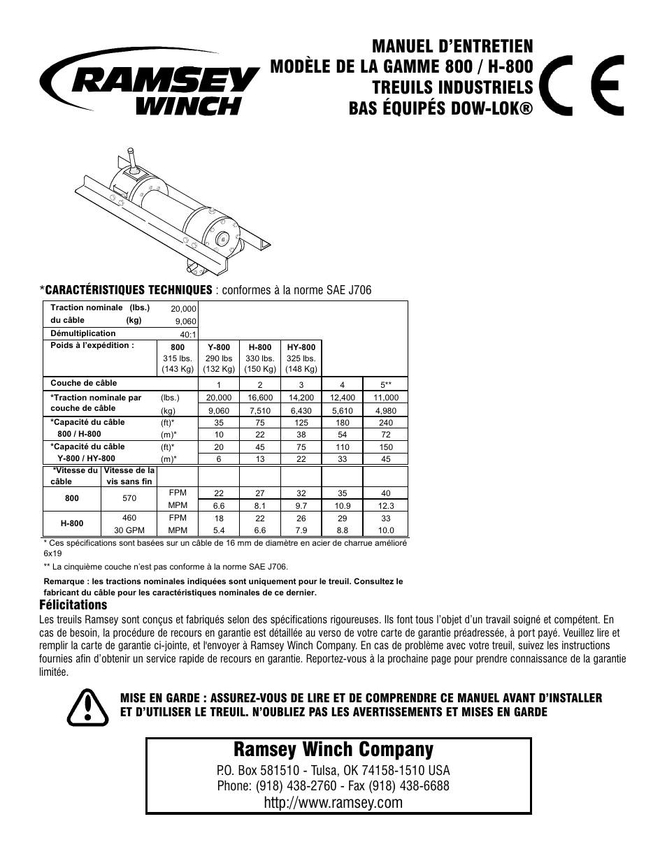 Ramsey winch company, Félicitations | Ramsey Winch 800/H-800 DOW-LOK User Manual | Page 26 / 100