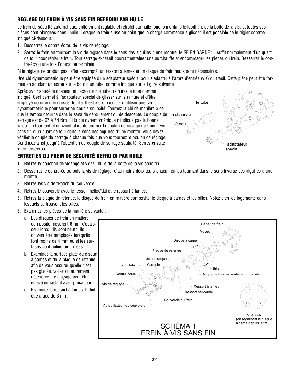 Frein à vis sans fin, Schéma 1, Réglage du frein à vis sans fin refroidi par huile | Entretien du frein de sécurité refroidi par huile | Ramsey Winch 800/H-800 DOW-LOK User Manual | Page 32 / 100