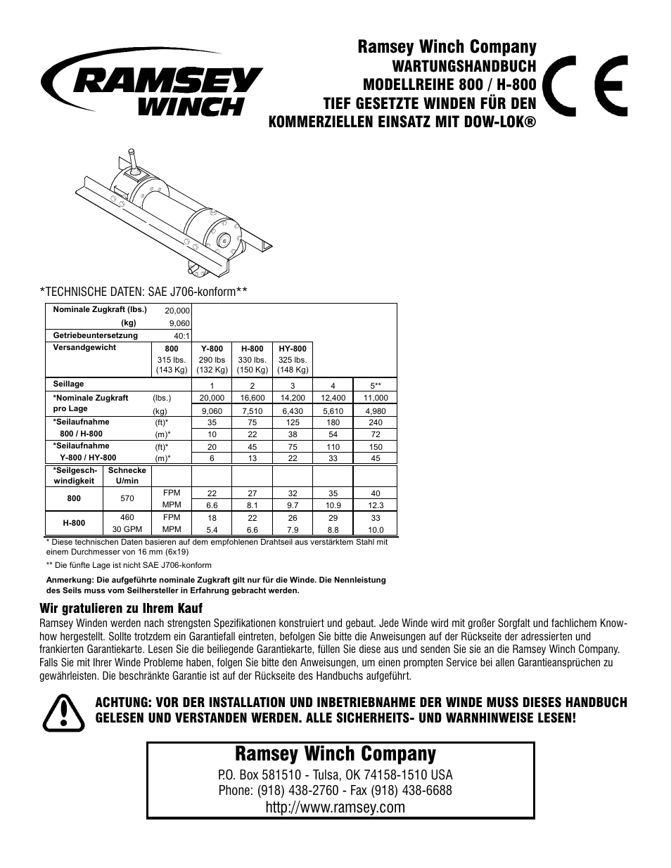 Ramsey winch company, Wir gratulieren zu ihrem kauf, Technische daten: sae j706-konform | Ramsey Winch 800/H-800 DOW-LOK User Manual | Page 51 / 100