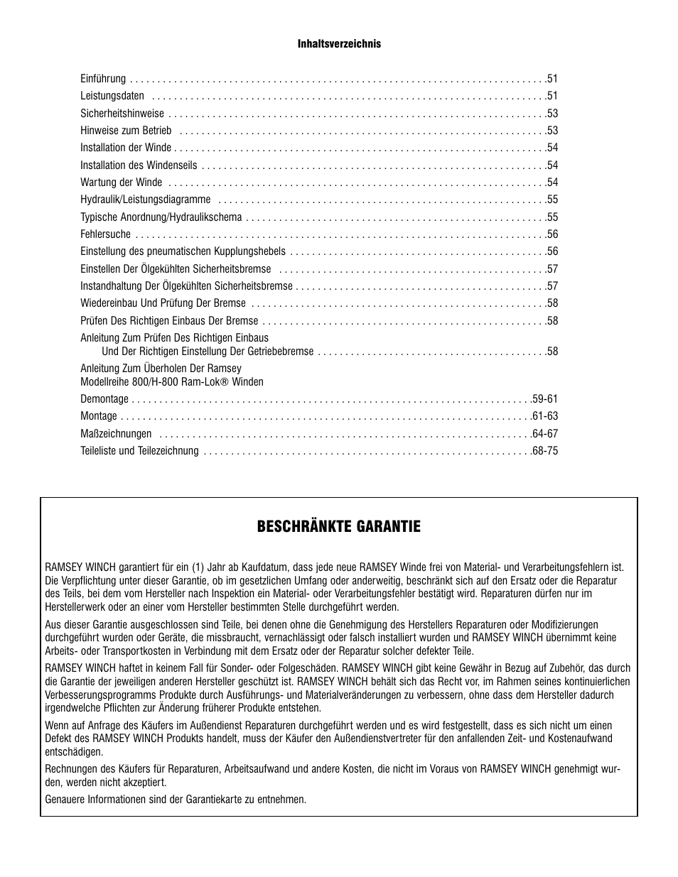 Beschränkte garantie | Ramsey Winch 800/H-800 DOW-LOK User Manual | Page 52 / 100