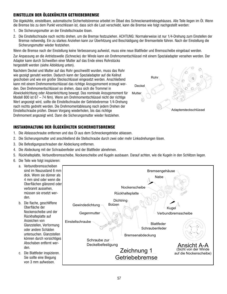 Getriebebremse zeichnung 1, Ansicht a-a | Ramsey Winch 800/H-800 DOW-LOK User Manual | Page 57 / 100