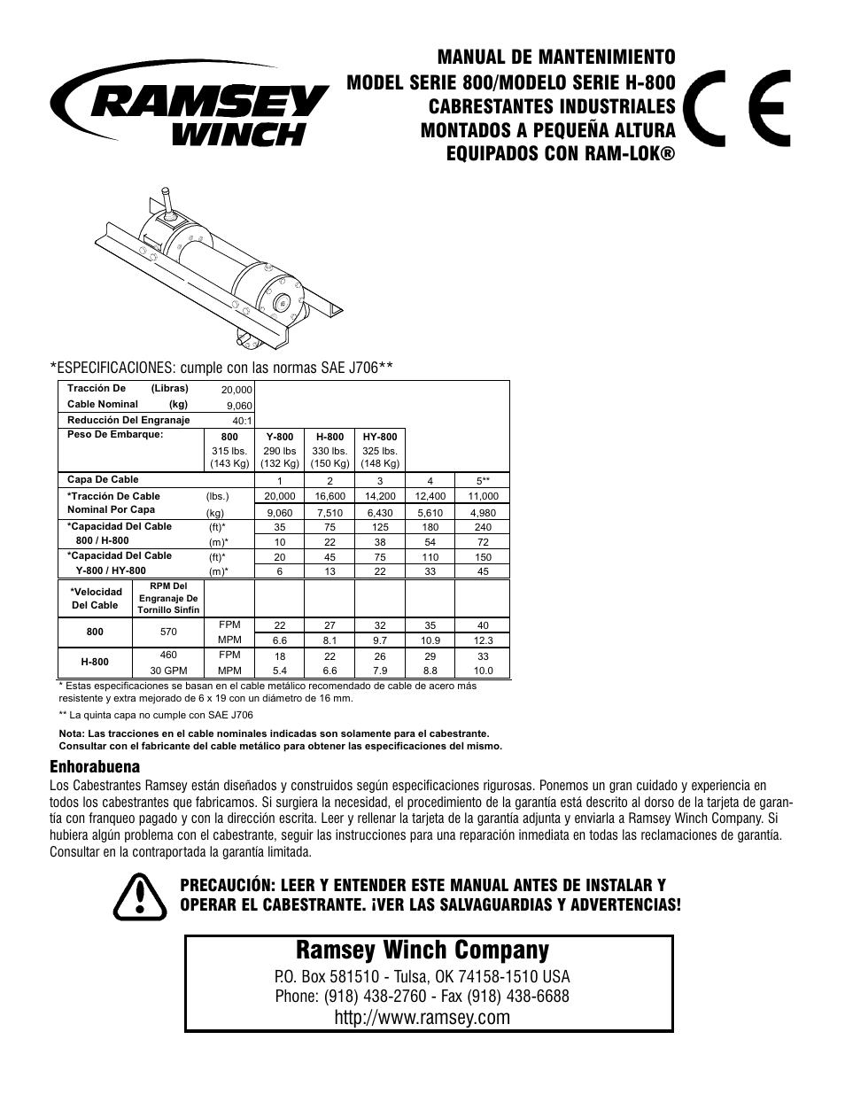 Ramsey winch company, Enhorabuena, Especificaciones: cumple con las normas sae j706 | Ramsey Winch 800/H-800 DOW-LOK User Manual | Page 76 / 100