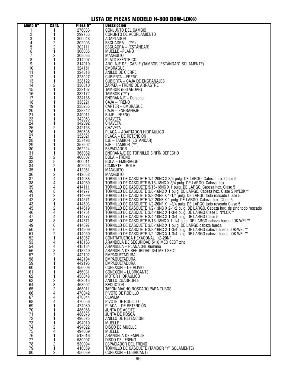 Lista de piezas modelo h-800 dow-lok | Ramsey Winch 800/H-800 DOW-LOK User Manual | Page 96 / 100