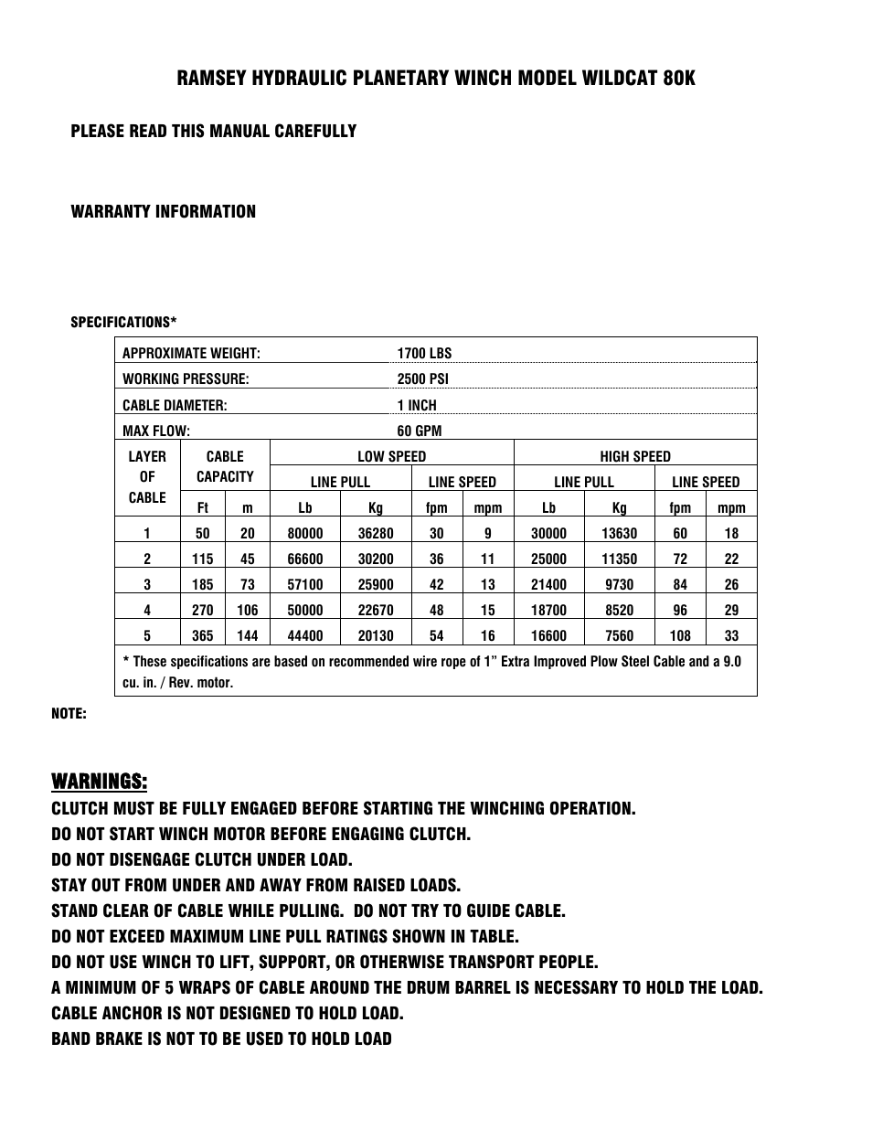 Warranty information, Specifications, Warnings | Ramsey hydraulic planetary winch model wildcat 80k | Ramsey Winch 80K WILDCAT WINCH User Manual | Page 3 / 24