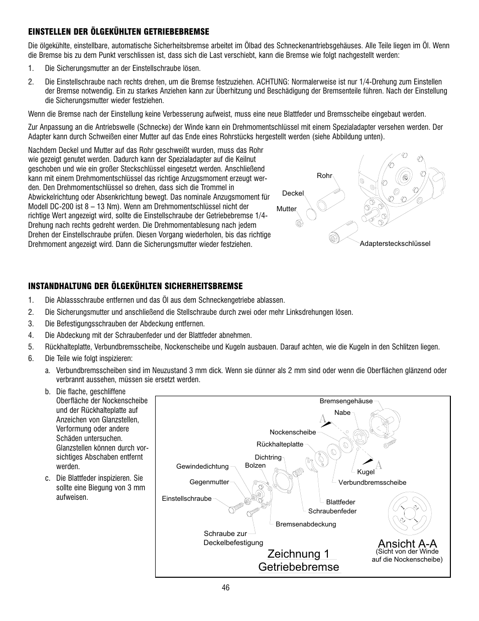 Getriebebremse zeichnung 1, Ansicht a-a | Ramsey Winch DC-200 RAM-LOK User Manual | Page 46 / 81