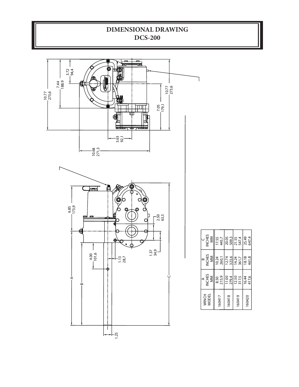 Dimensional drawing dcs-200, Dimensions shown are inches over millimeters | Ramsey Winch DCS-200 SPEED REDUCER - EZ ANCHOR User Manual | Page 14 / 18