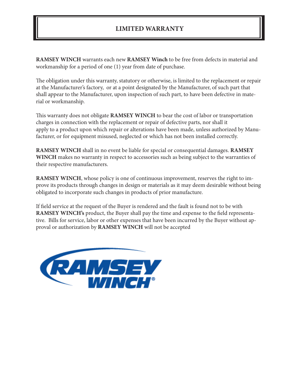 Ramsey winch company | Ramsey Winch DCS-200 SPEED REDUCER - EZ ANCHOR User Manual | Page 18 / 18