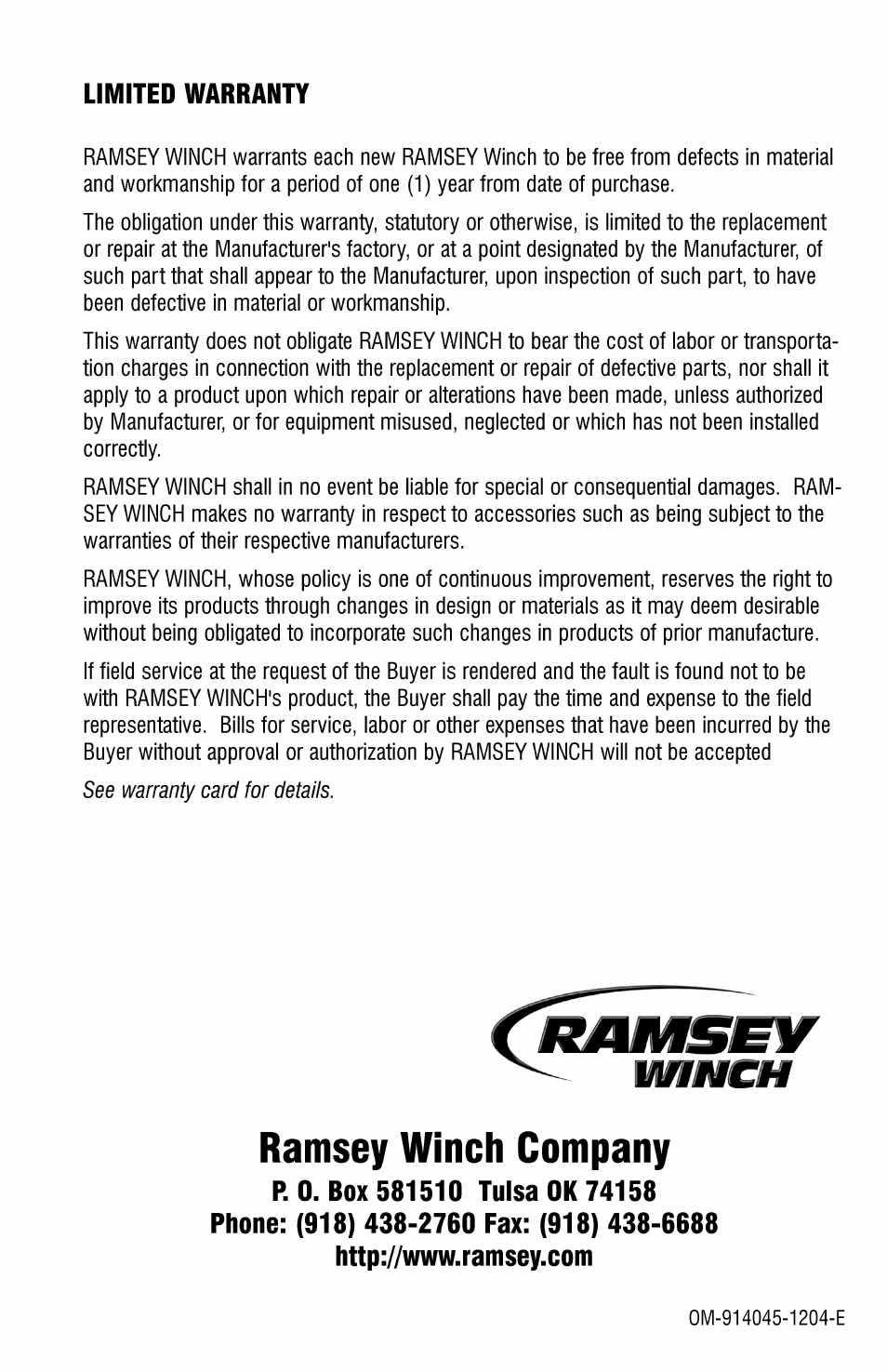 Ramsey Winch H-800 DOW-LOK User Manual | Page 20 / 20