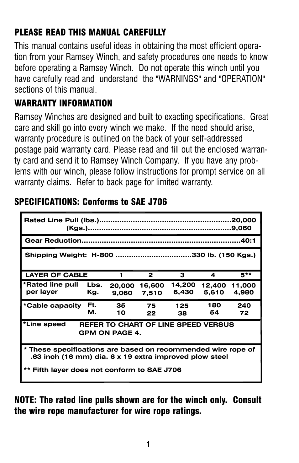 Specifications: conforms to sae j706 | Ramsey Winch H-800 DOW-LOK User Manual | Page 3 / 20