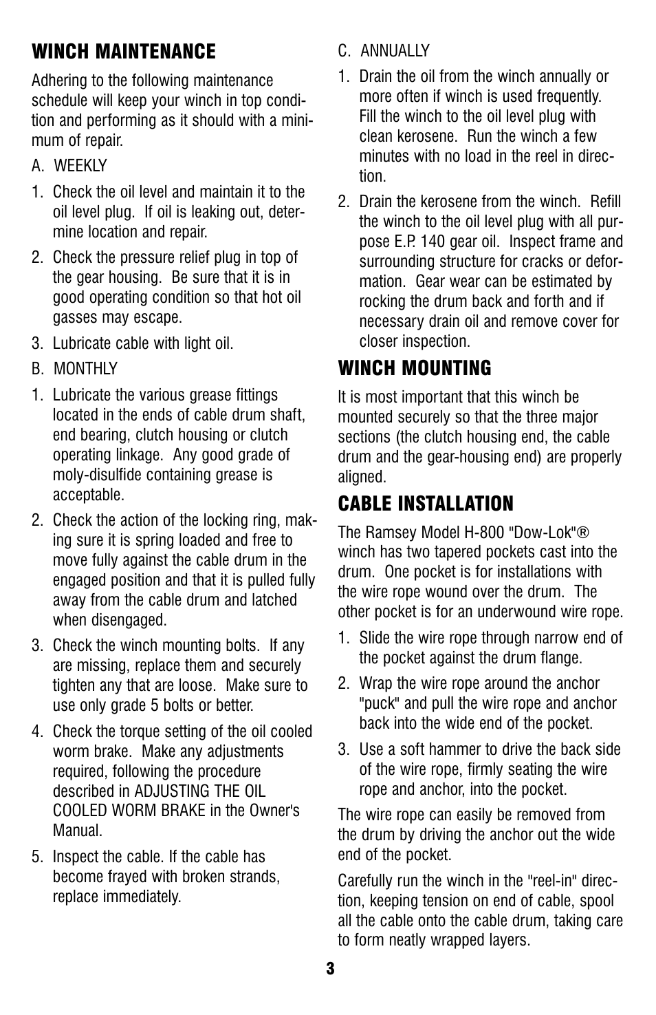 Winch maintenance, Winch mounting, Cable installation | Ramsey Winch H-800 DOW-LOK User Manual | Page 5 / 20