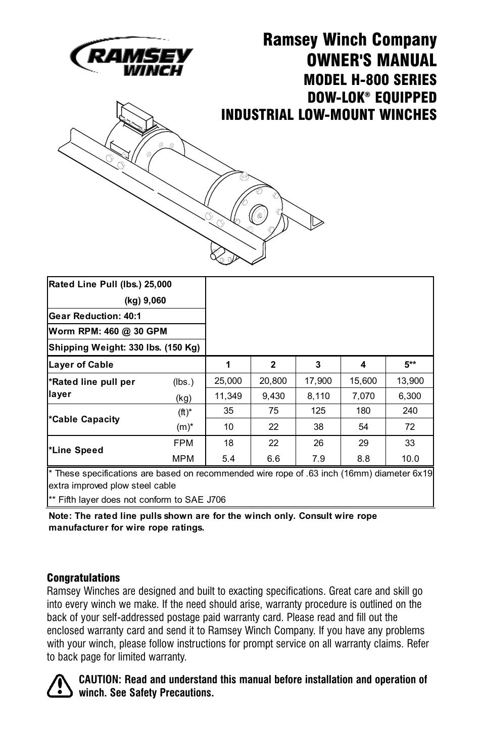 Ramsey Winch H-800 DOW-LOK W/25000 LB RATING User Manual | 24 pages