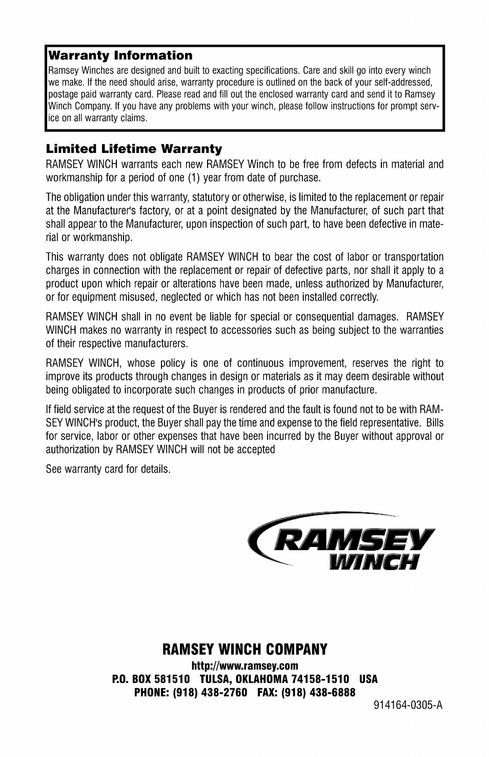 Ramsey Winch H-800 DOW-LOK W/25000 LB RATING User Manual | Page 24 / 24