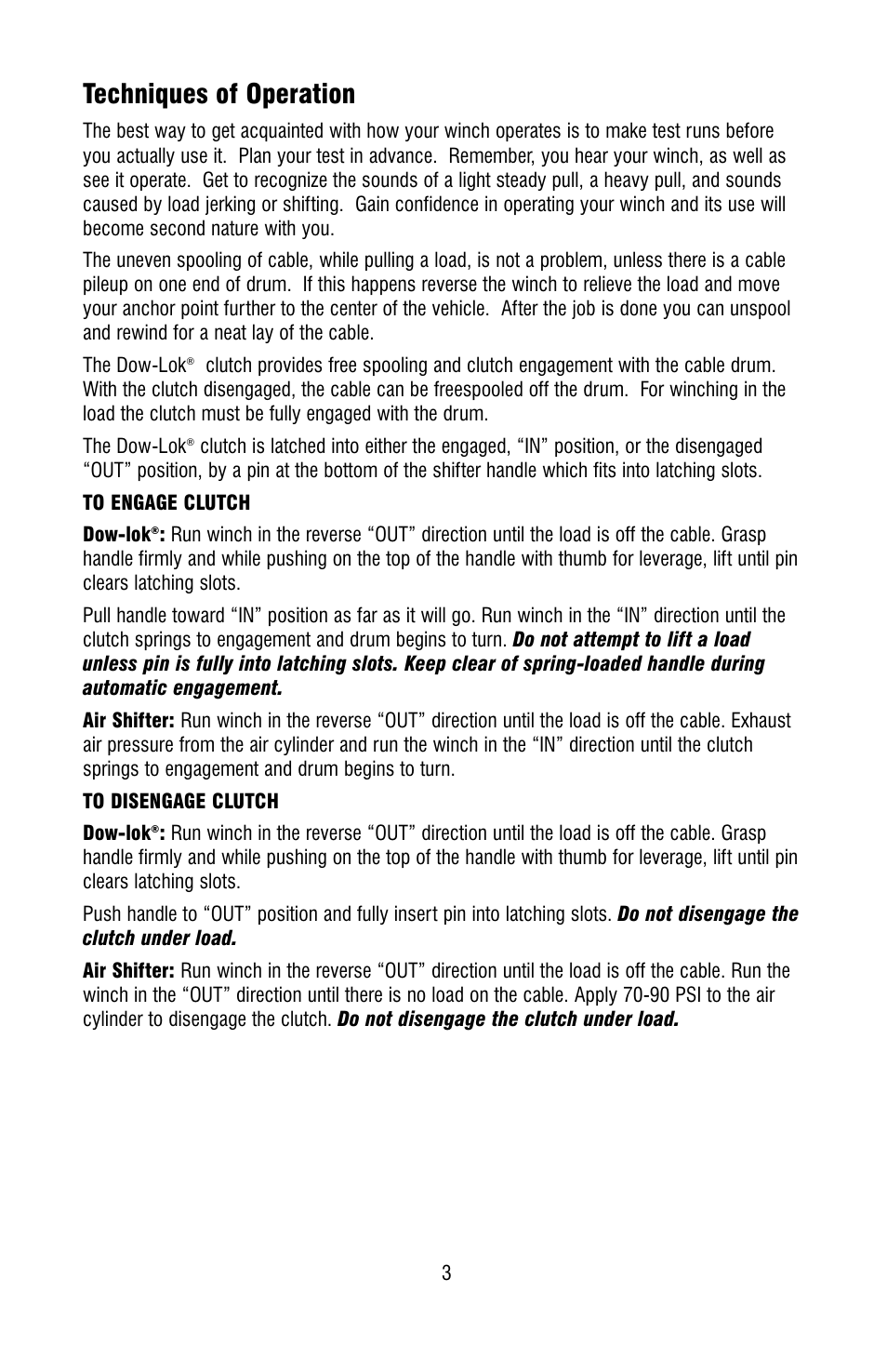 Techniques of operation | Ramsey Winch H-800 DOW-LOK W/25000 LB RATING User Manual | Page 3 / 24