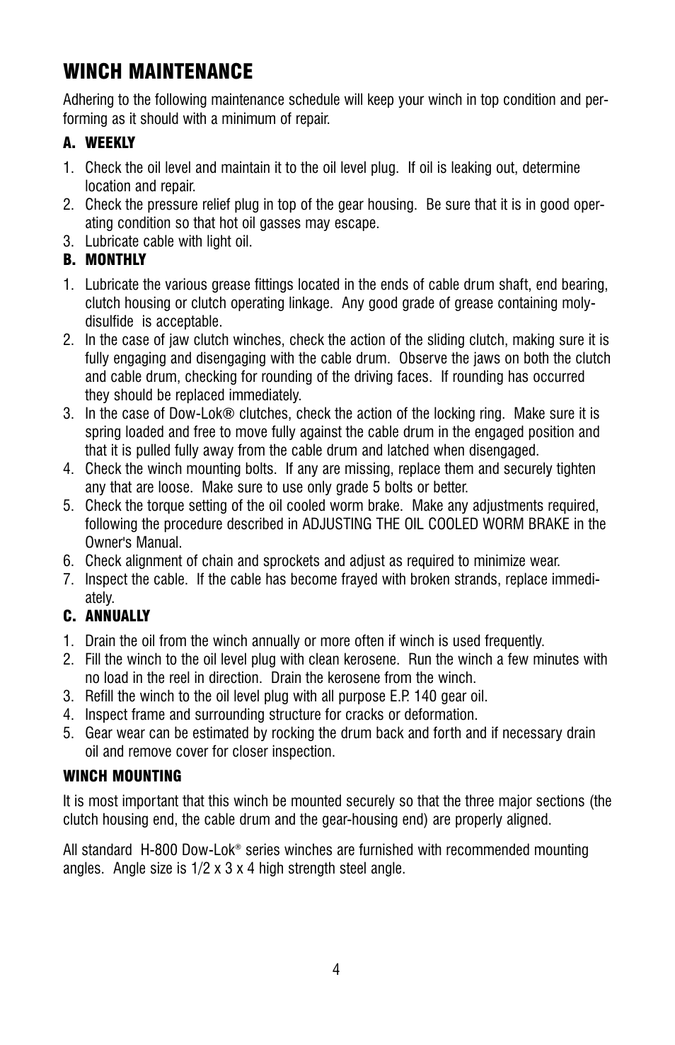 Winch maintenance | Ramsey Winch H-800 DOW-LOK W/25000 LB RATING User Manual | Page 4 / 24