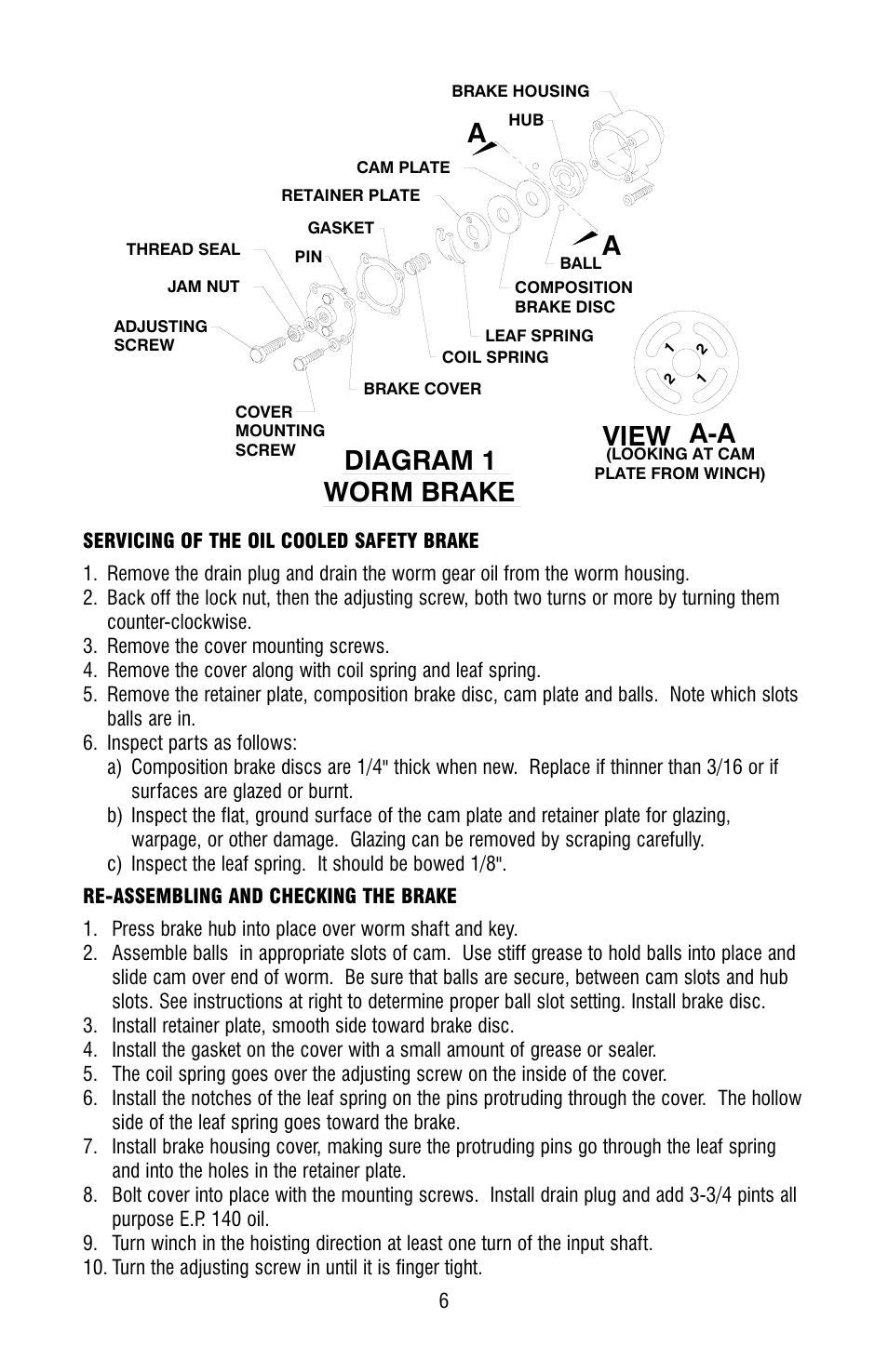 Worm brake, Diagram 1, View a-a | Ramsey Winch H-800 DOW-LOK W/25000 LB RATING User Manual | Page 6 / 24