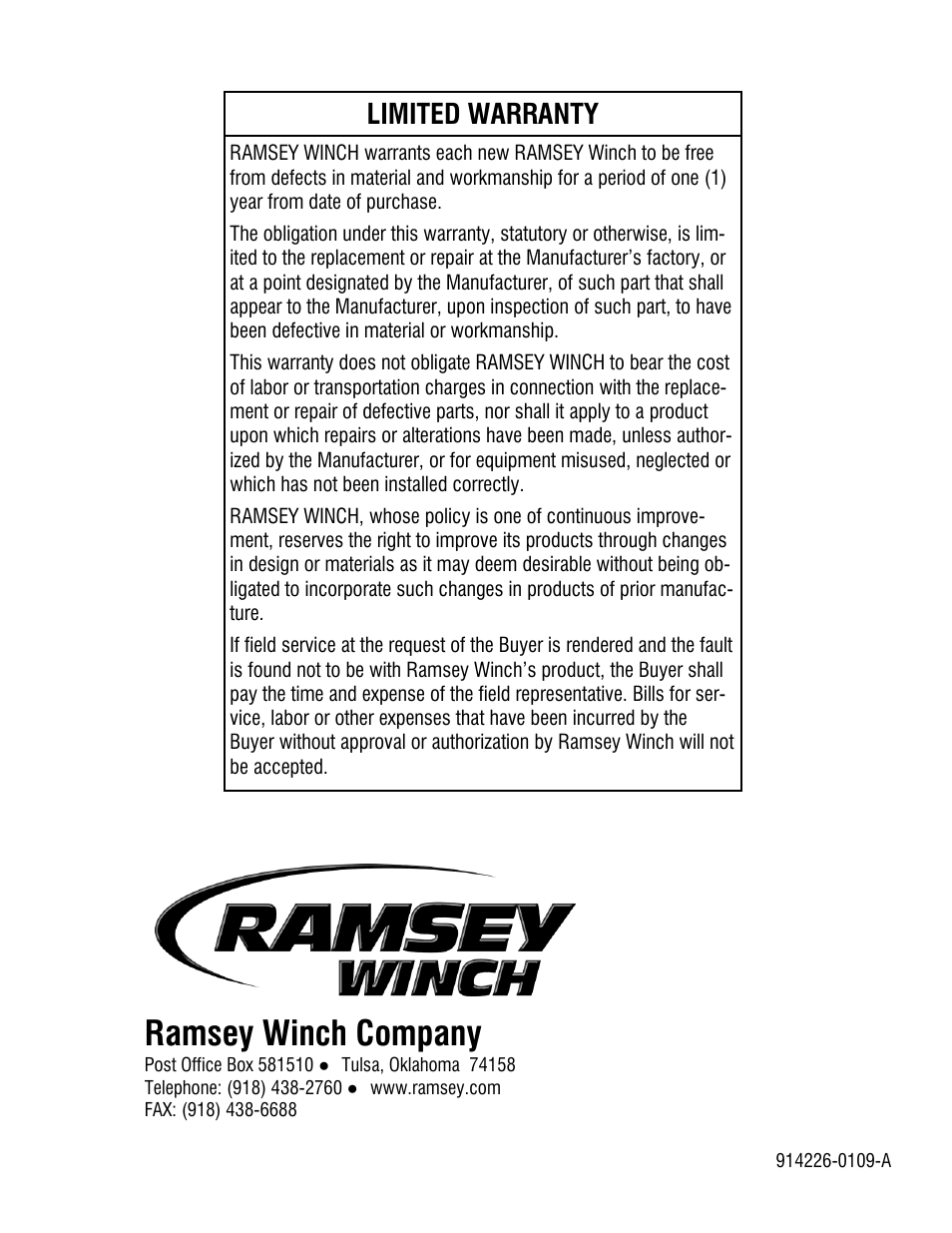 Ramsey winch company, Limited warranty | Ramsey Winch H930 Dow-Lok W/Counterbalance Valve, Less Brake User Manual | Page 20 / 20