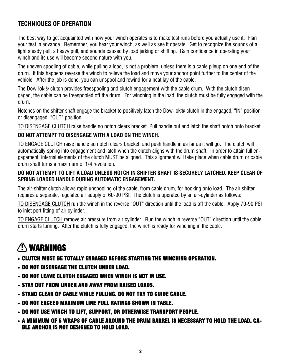 Warnings, Techniques of operation | Ramsey Winch H930 Dow-Lok W/Counterbalance Valve, Less Brake User Manual | Page 4 / 20