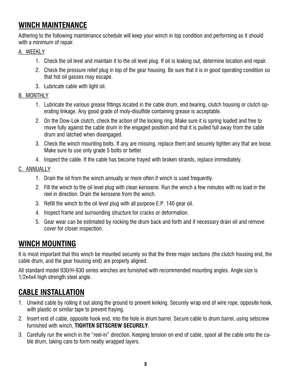 Winch maintenance, Winch mounting, Cable installation | Ramsey Winch H930 Dow-Lok W/Counterbalance Valve, Less Brake User Manual | Page 5 / 20