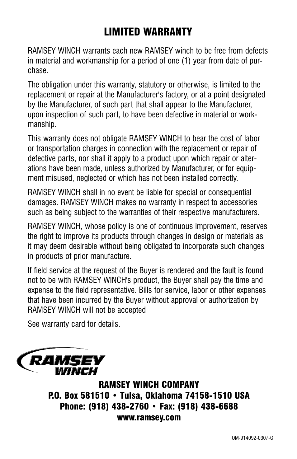 Limited warranty | Ramsey Winch HD-234 User Manual | Page 24 / 24