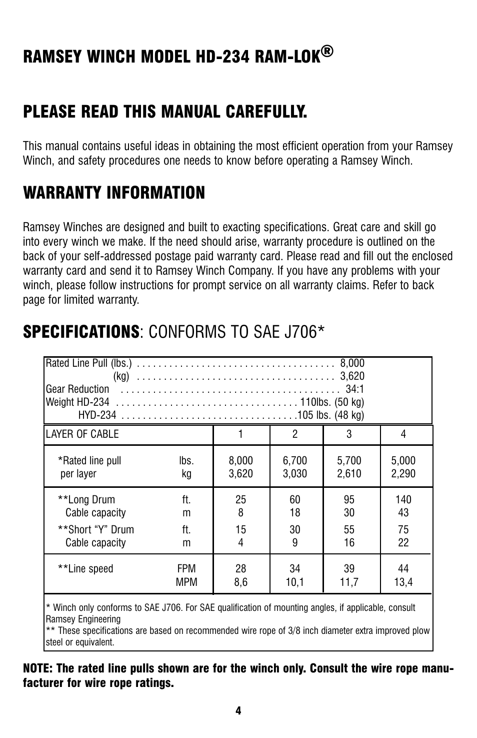 Warranty information, Specifications: conforms to sae j706 | Ramsey Winch HD-234 User Manual | Page 4 / 24