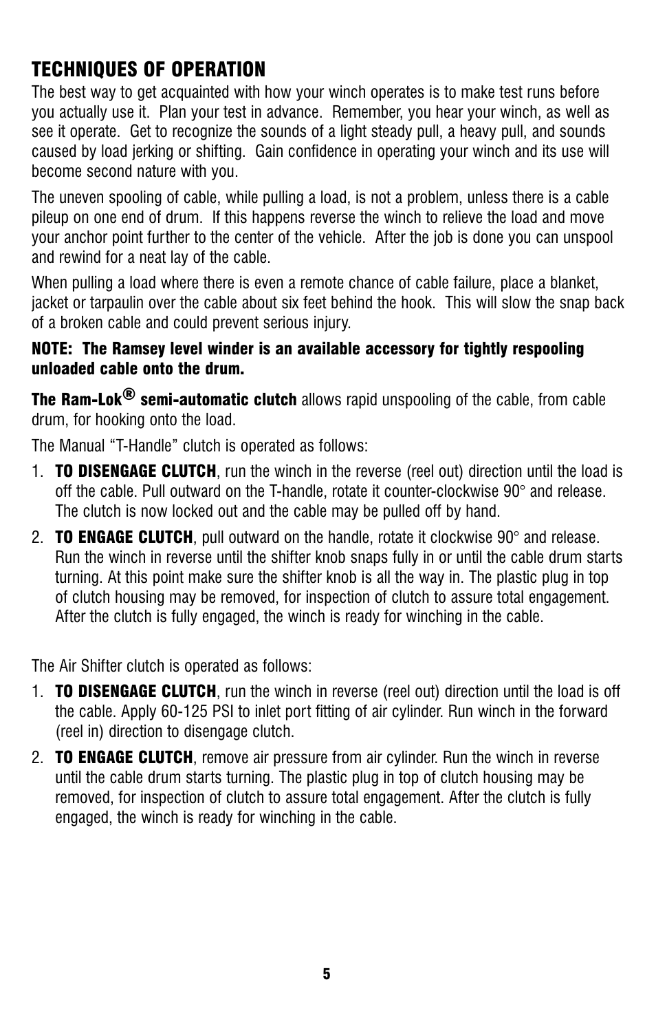 Techniques of operation | Ramsey Winch HD-234 User Manual | Page 5 / 24