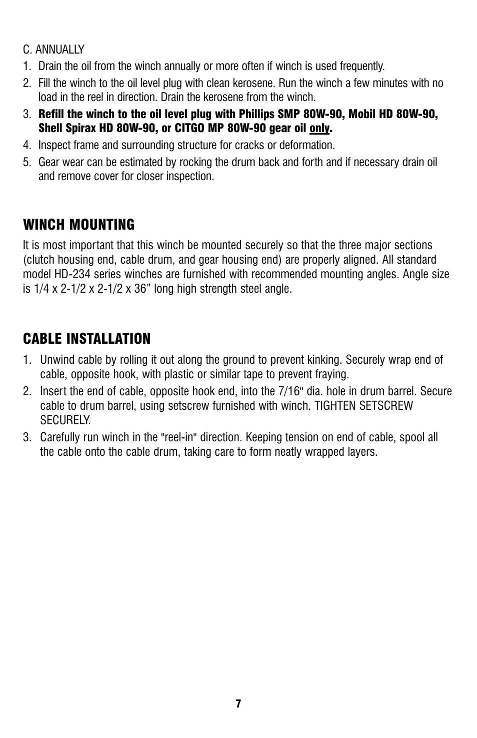 Winch mounting, Cable installation | Ramsey Winch HD-234 User Manual | Page 7 / 24