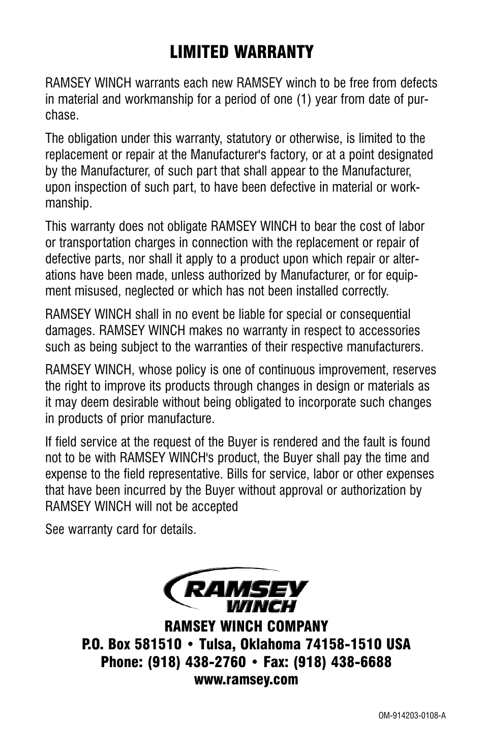 Limited warranty | Ramsey Winch HD-234 User Manual | Page 20 / 20