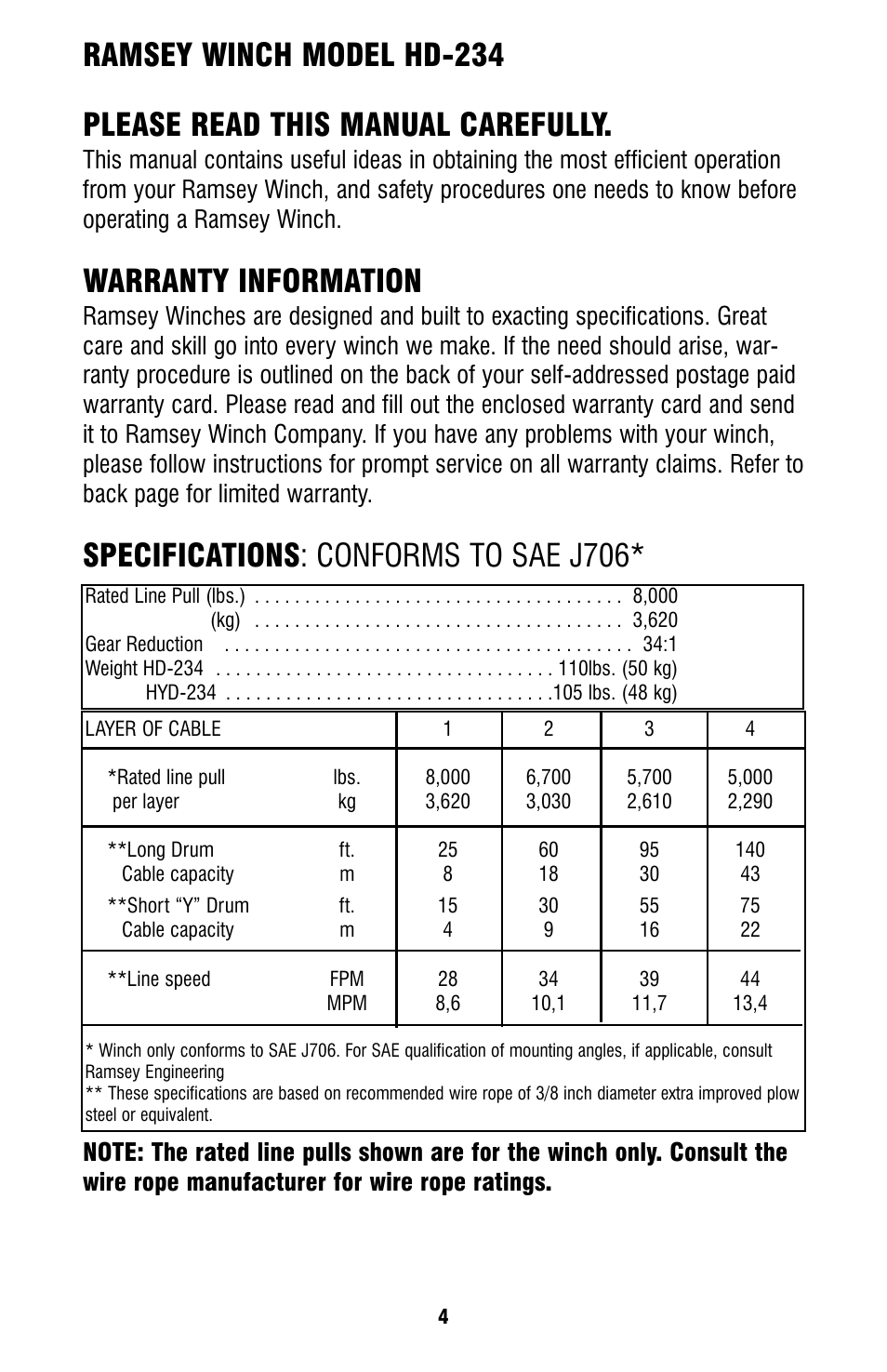 Warranty information, Specifications: conforms to sae j706 | Ramsey Winch HD-234 User Manual | Page 4 / 20