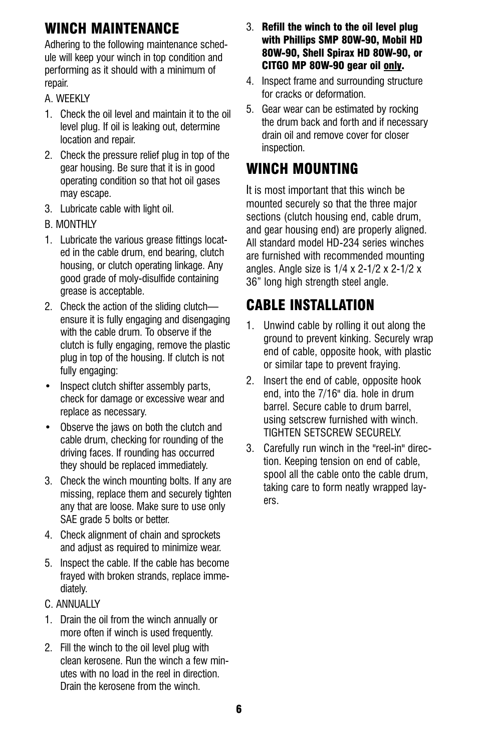 Winch maintenance, Winch mounting, Cable installation | Ramsey Winch HD-234 User Manual | Page 6 / 20