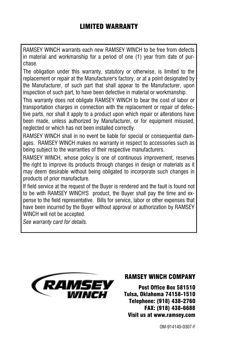 Limited warranty | Ramsey Winch HD-234 LEVER STYLE User Manual | Page 20 / 20