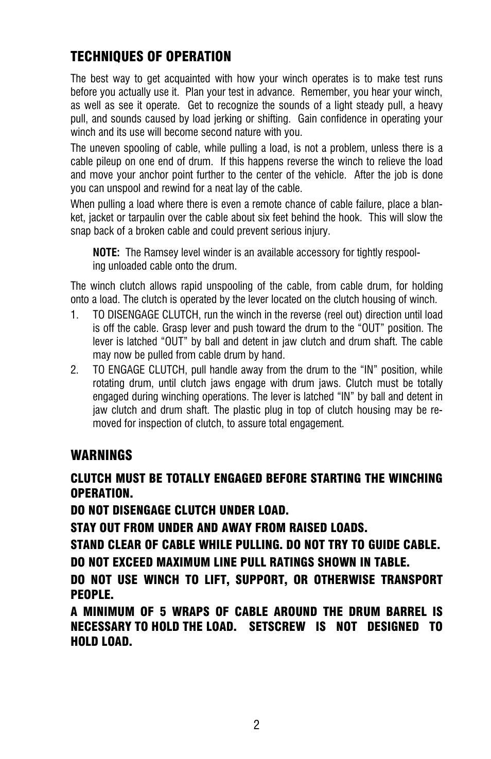 Techniques of operation, Warnings | Ramsey Winch HD-234 LEVER STYLE User Manual | Page 5 / 20