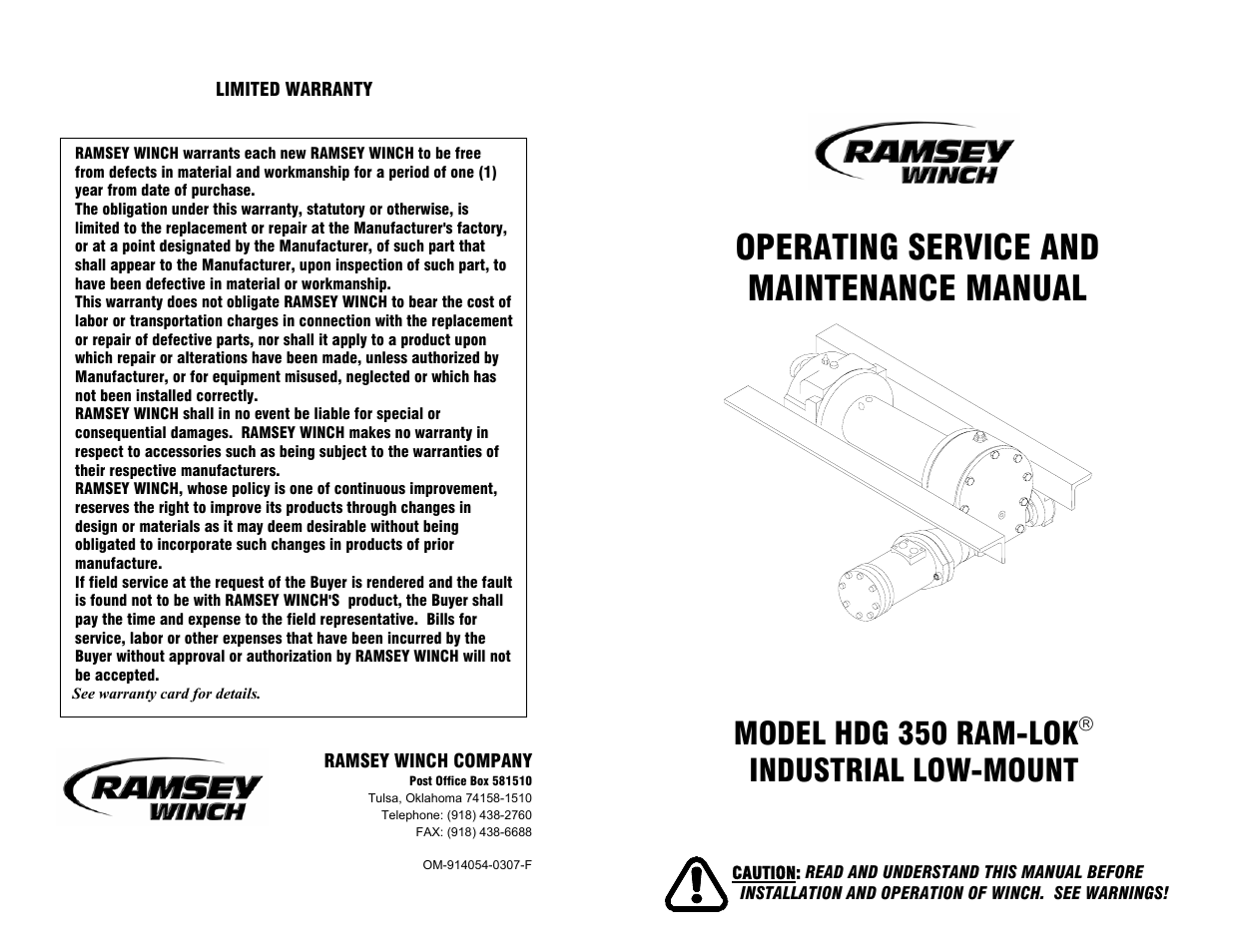 Operating service and maintenance manual, Model hdg 350 ram-lok, Industrial low-mount | Ramsey Winch HDG-350 RAM LOK User Manual | Page 20 / 20