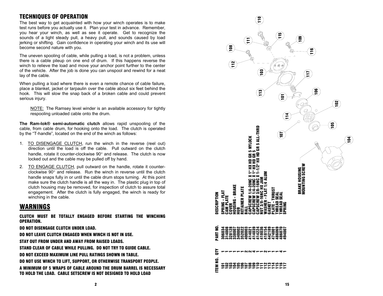 Warnings, Techniques of operation | Ramsey Winch HDG-350 RAM LOK User Manual | Page 4 / 20