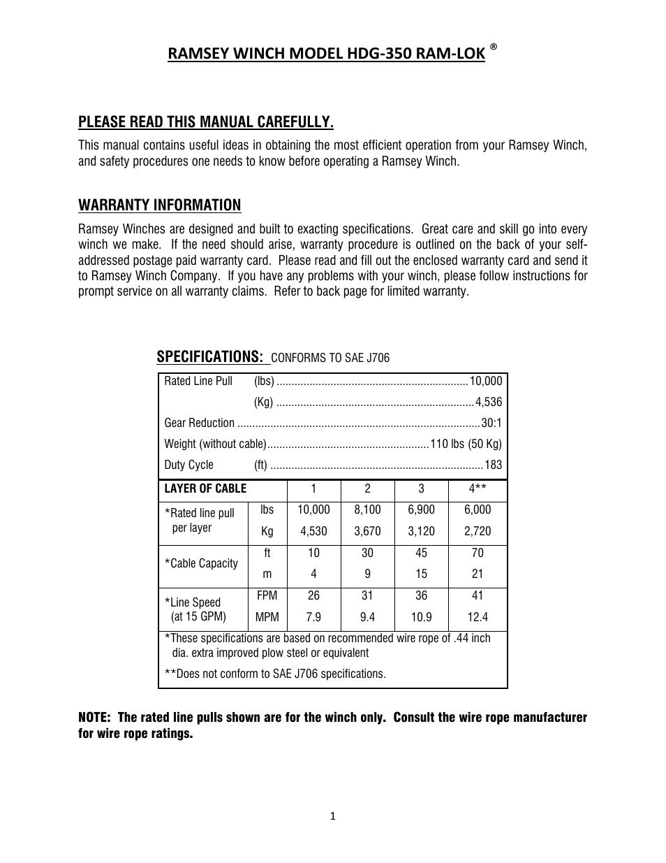 Ramsey winch model hdg‐350 ram‐lok | Ramsey Winch HDGY-350R W/4.5 CID MOTOR User Manual | Page 3 / 20